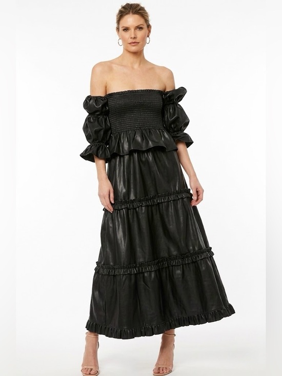 Misa Los Angeles Dresses & Skirts - MISA LA Black Off-Shoulder Vegan Leather Puff Sleeve Top + Matching Tiered Skirt